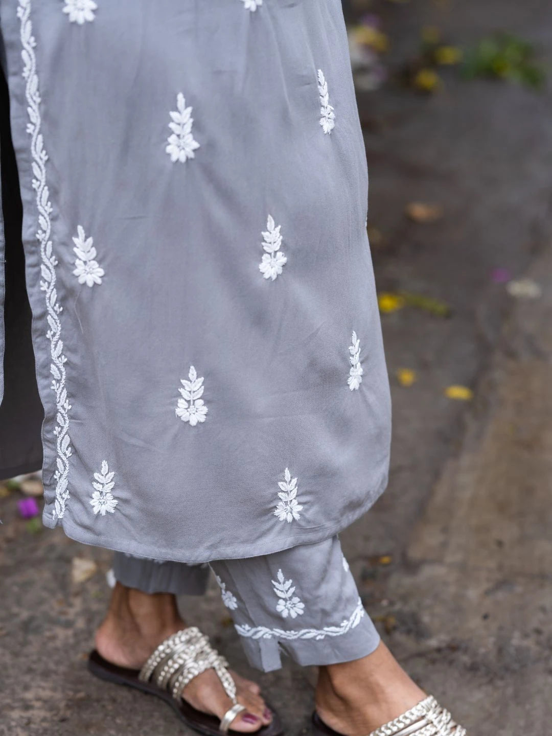 Ada Hand Embroidered Grey Rayon Lucknowi Chikankari Co-Ord Set A811238