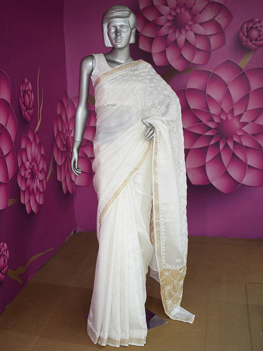 Ada Hand Embroidered White Kota Silk Lucknowi Chikankari Saree and Blouse 01A664546