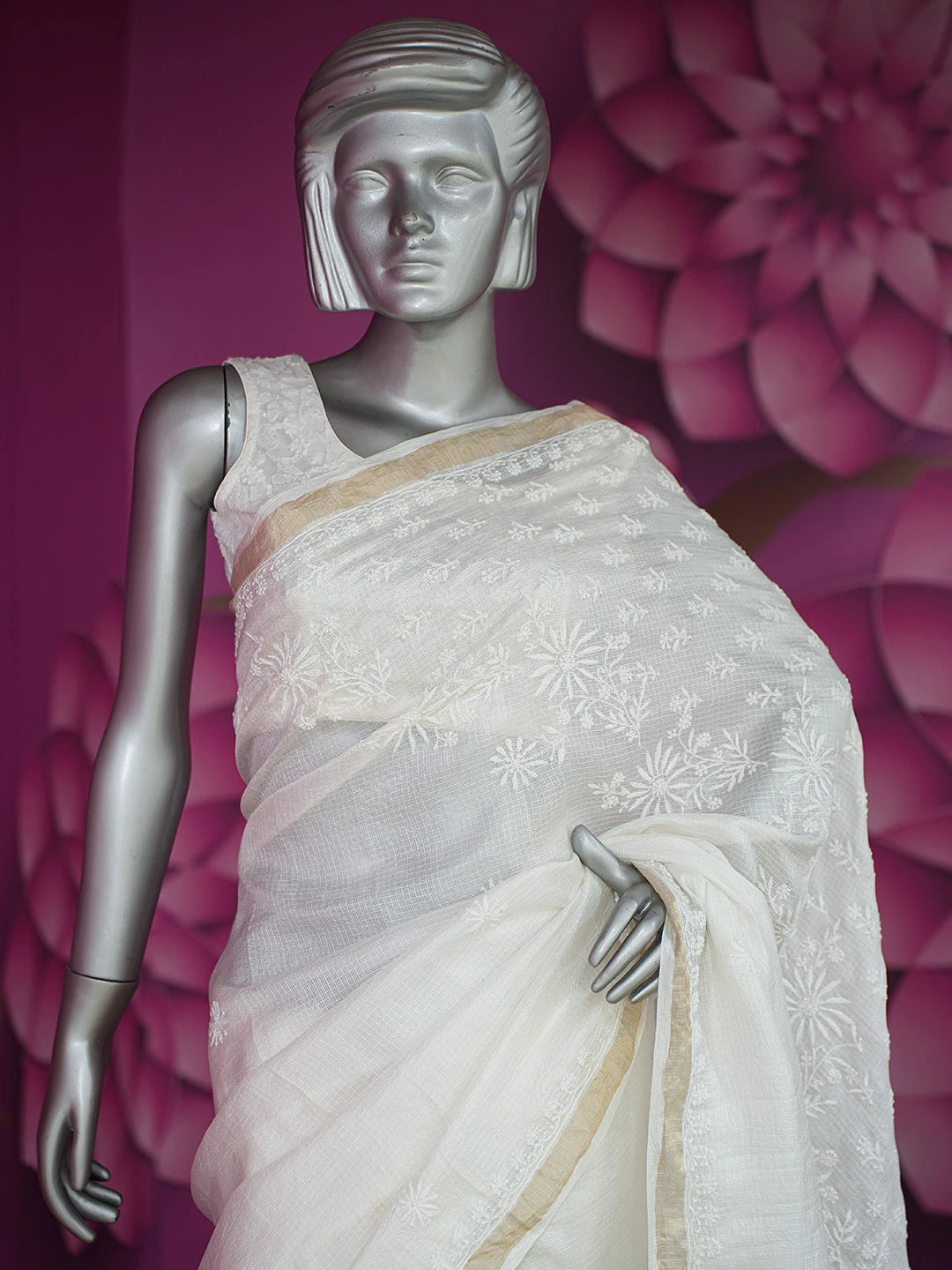 Ada Hand Embroidered White Kota Silk Lucknowi Chikankari Saree and Blouse 01A664546