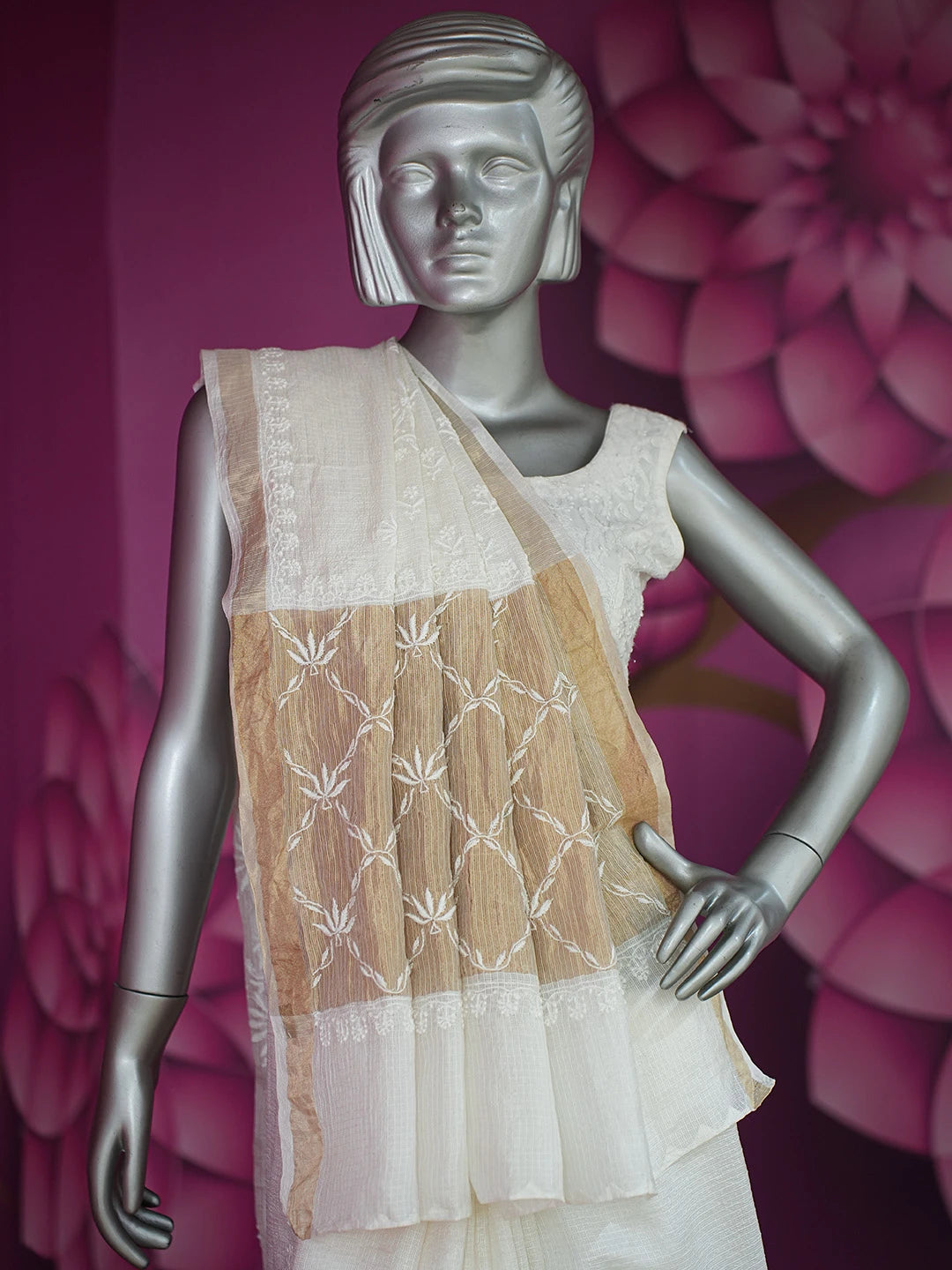 Ada Hand Embroidered White Kota Silk Lucknowi Chikankari Saree and Blouse 01A664546