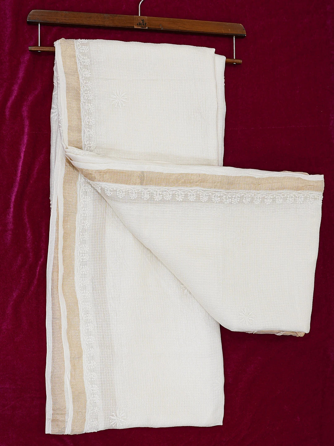 Ada Hand Embroidered White Kota Silk Lucknowi Chikankari Saree and Blouse 01A664546