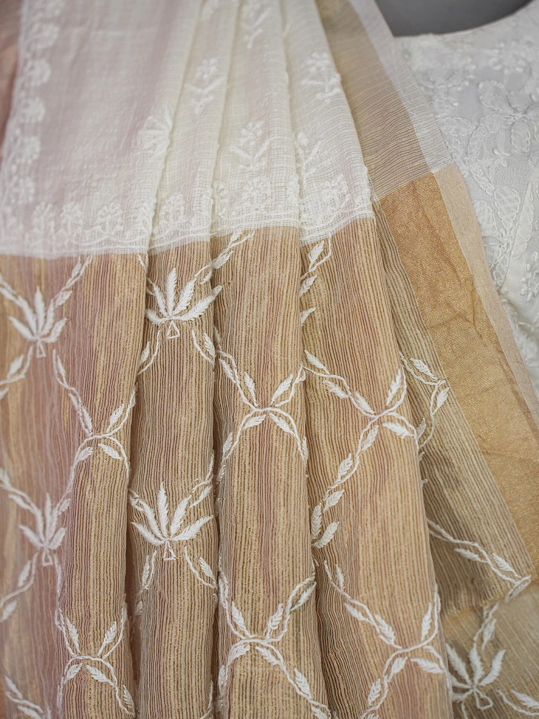 Ada Hand Embroidered White Kota Silk Lucknowi Chikankari Saree and Blouse 01A664546
