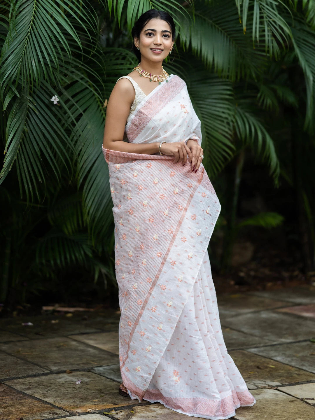 Ada Hand Embroidered Off White Chanderi Lucknowi Chikankari Saree With Blouse A311374