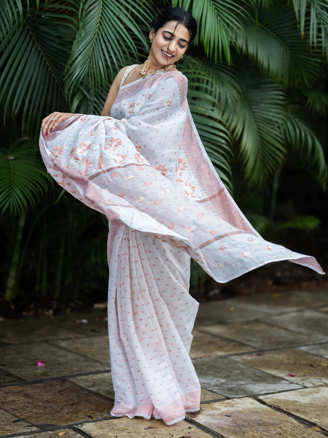 Ada Hand Embroidered Off White Chanderi Lucknowi Chikankari Saree With Blouse A311374
