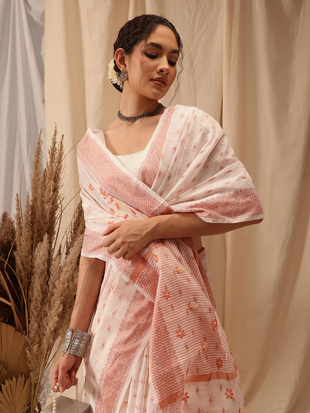 Ada Hand Embroidered Off White Chanderi Lucknowi Chikankari Saree With Blouse A311374