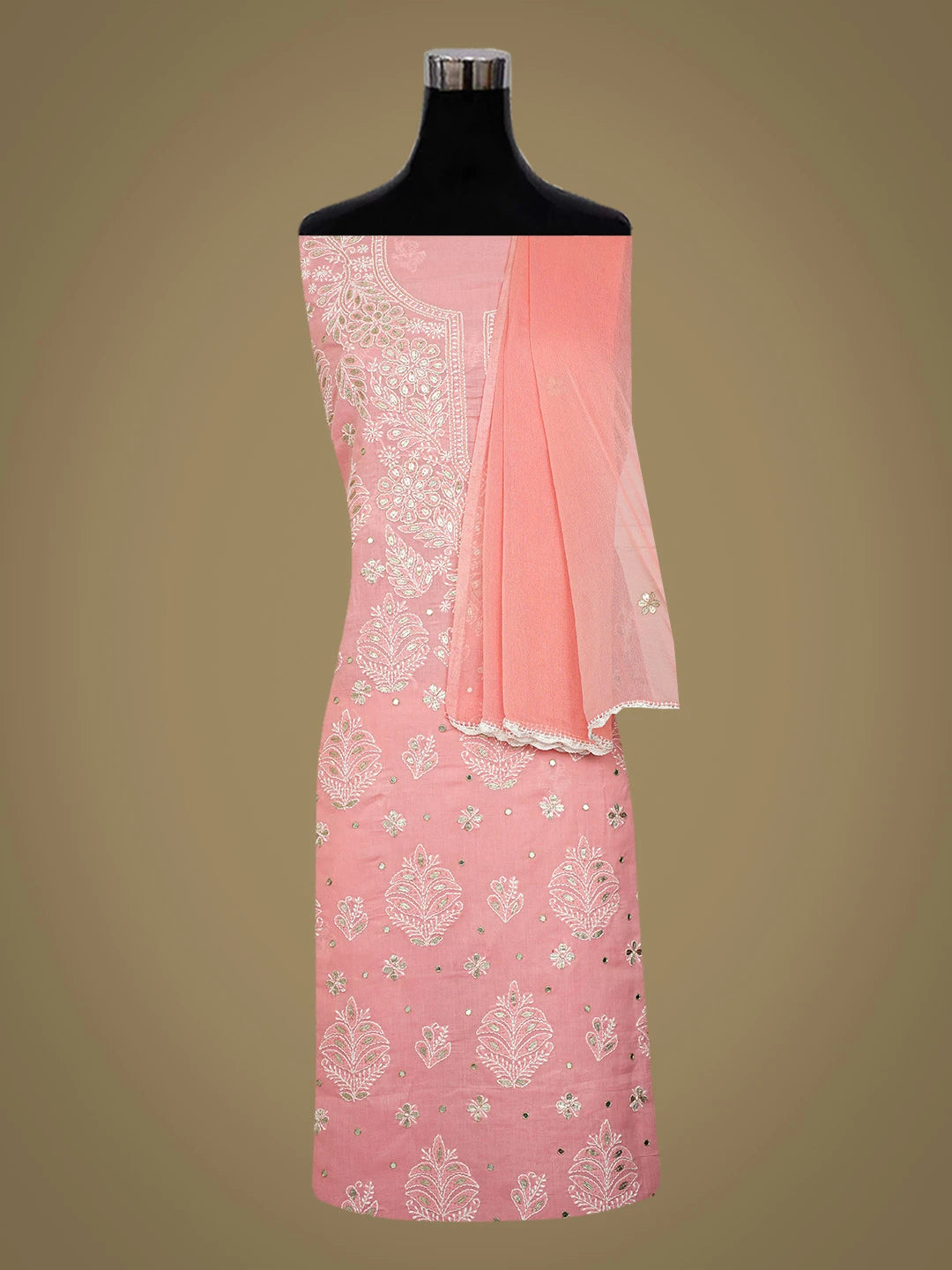 Ada Hand Embroidered Peach Cotton Lucknowi Chikankari Unstitched Suit Piece With Mirror Work 01A657397