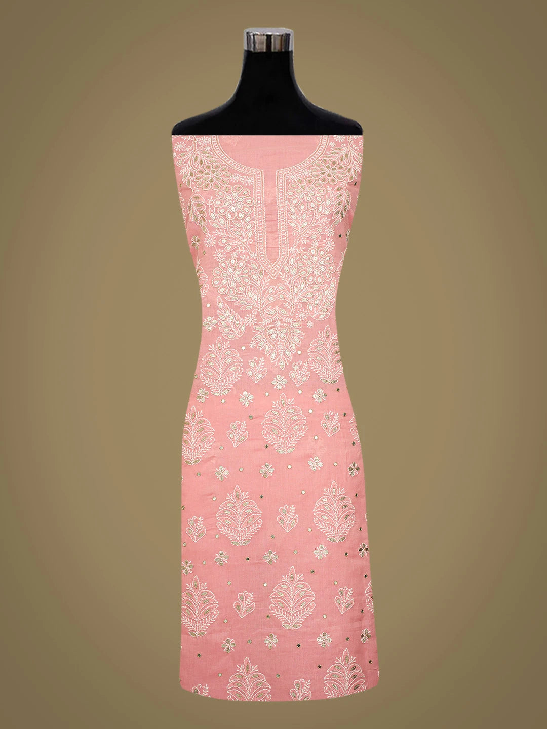 Ada Hand Embroidered Peach Cotton Lucknowi Chikankari Unstitched Suit Piece With Mirror Work 01A657397