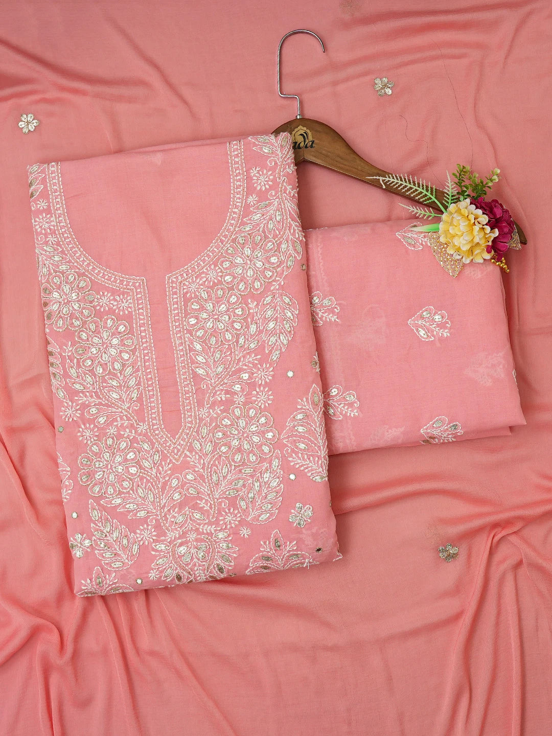 Ada Hand Embroidered Peach Cotton Lucknowi Chikankari Unstitched Suit Piece With Mirror Work 01A657397