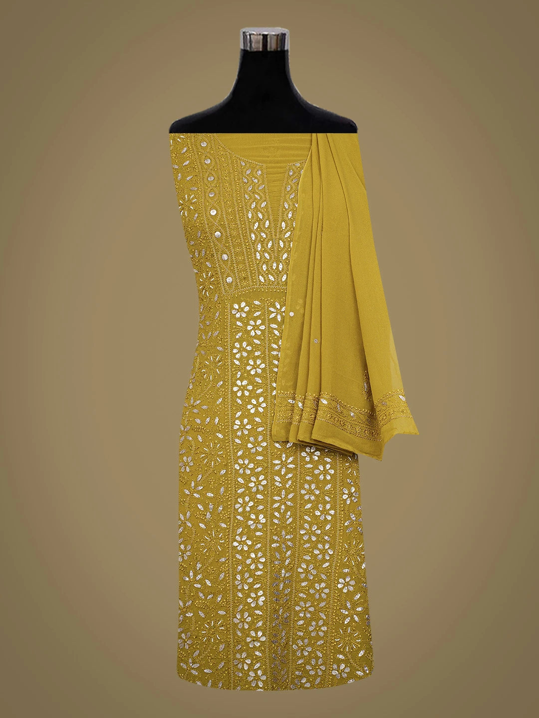 Ada Hand Embroidered Mehandi Green Viscose Georgette Lucknowi Chikankari Kurta Dupatta Set With Pearl Work 01A684933
