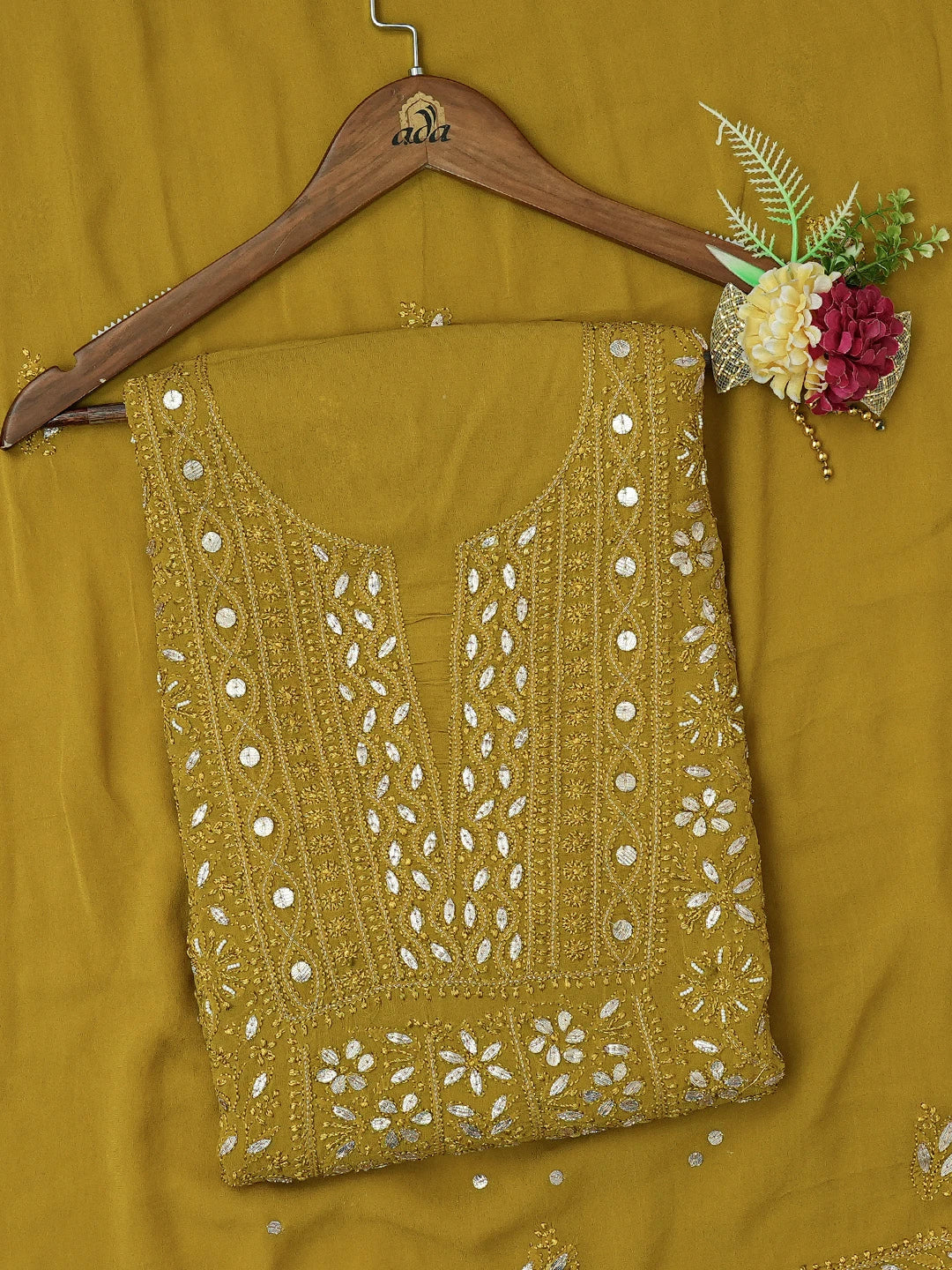 Ada Hand Embroidered Mehandi Green Viscose Georgette Lucknowi Chikankari Kurta Dupatta Set With Pearl Work 01A684933