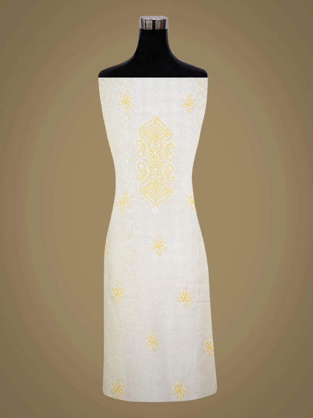 Ada Hand Embroidered White and Yellow Cotton Lucknowi Chikankari Unstitched Suit Piece With Mukaish Work 01A679716