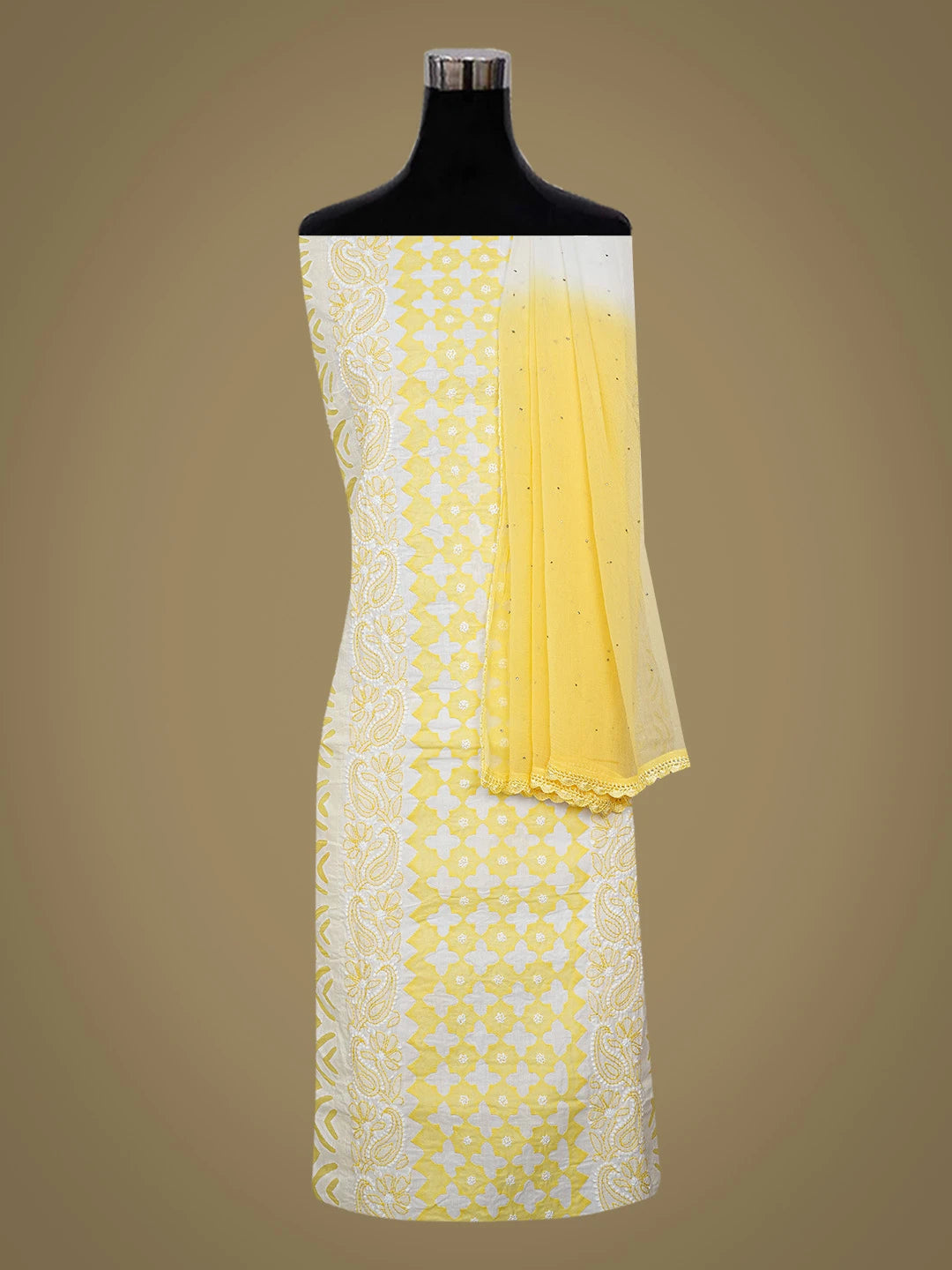 Ada Hand Embroidered White and Yellow Cotton Lucknowi Chikankari Unstitched Suit Piece With Mukaish Work 01A679716