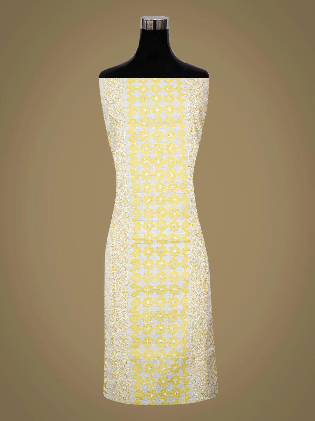 Ada Hand Embroidered White and Yellow Cotton Lucknowi Chikankari Unstitched Suit Piece With Mukaish Work 01A679716