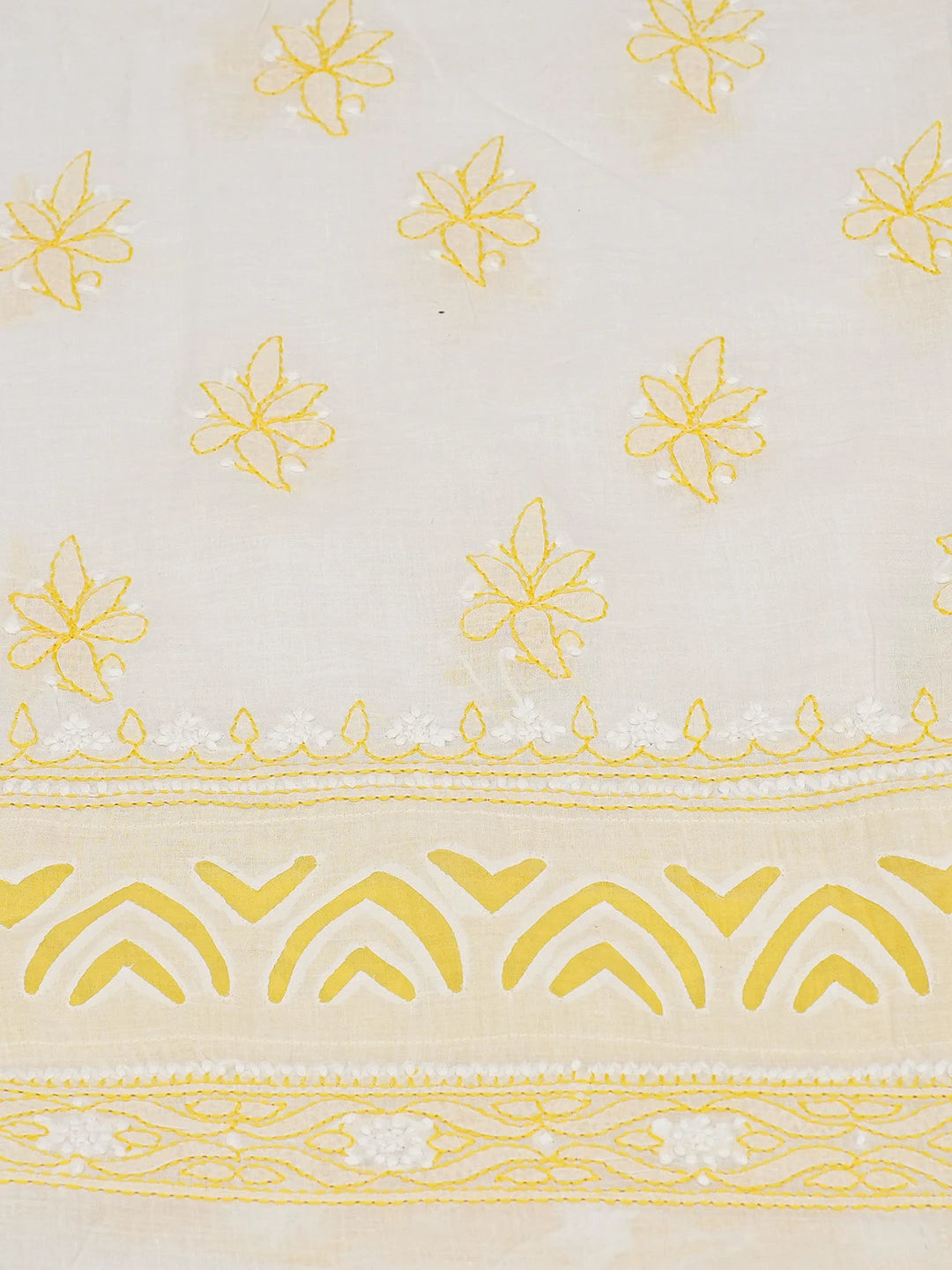 Ada Hand Embroidered White and Yellow Cotton Lucknowi Chikankari Unstitched Suit Piece With Mukaish Work 01A679716
