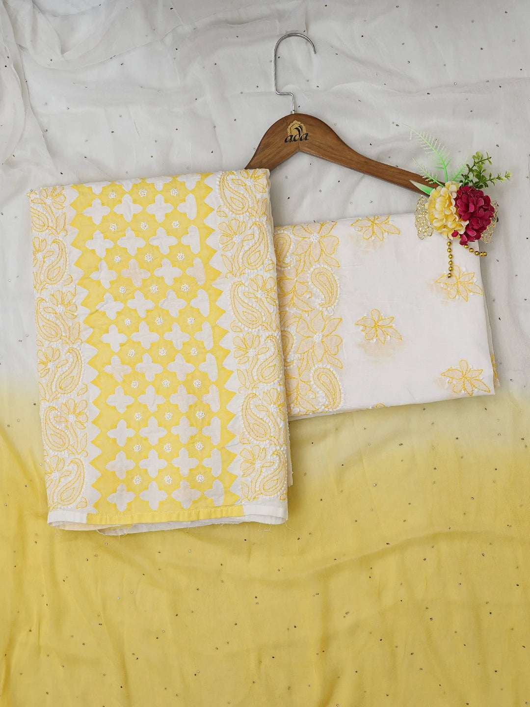 Ada Hand Embroidered White and Yellow Cotton Lucknowi Chikankari Unstitched Suit Piece With Mukaish Work 01A679716
