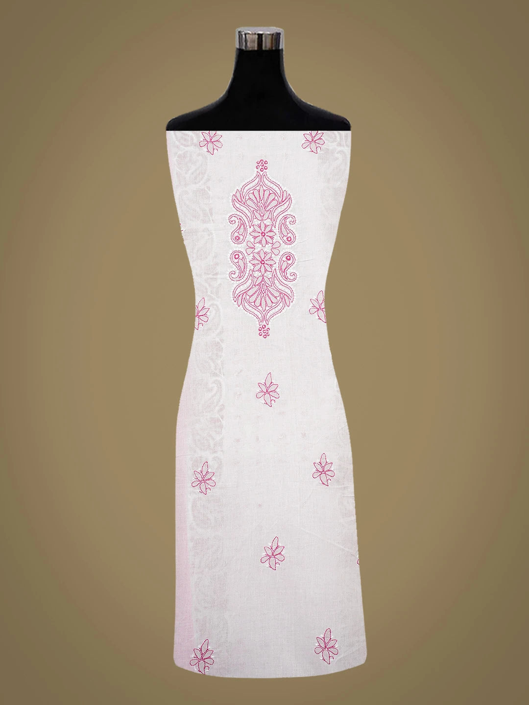 Ada Hand Embroidered White And Pink Cotton Lucknowi Chikankari Unstitched Suit Piece With Mukaish Work 01A679721