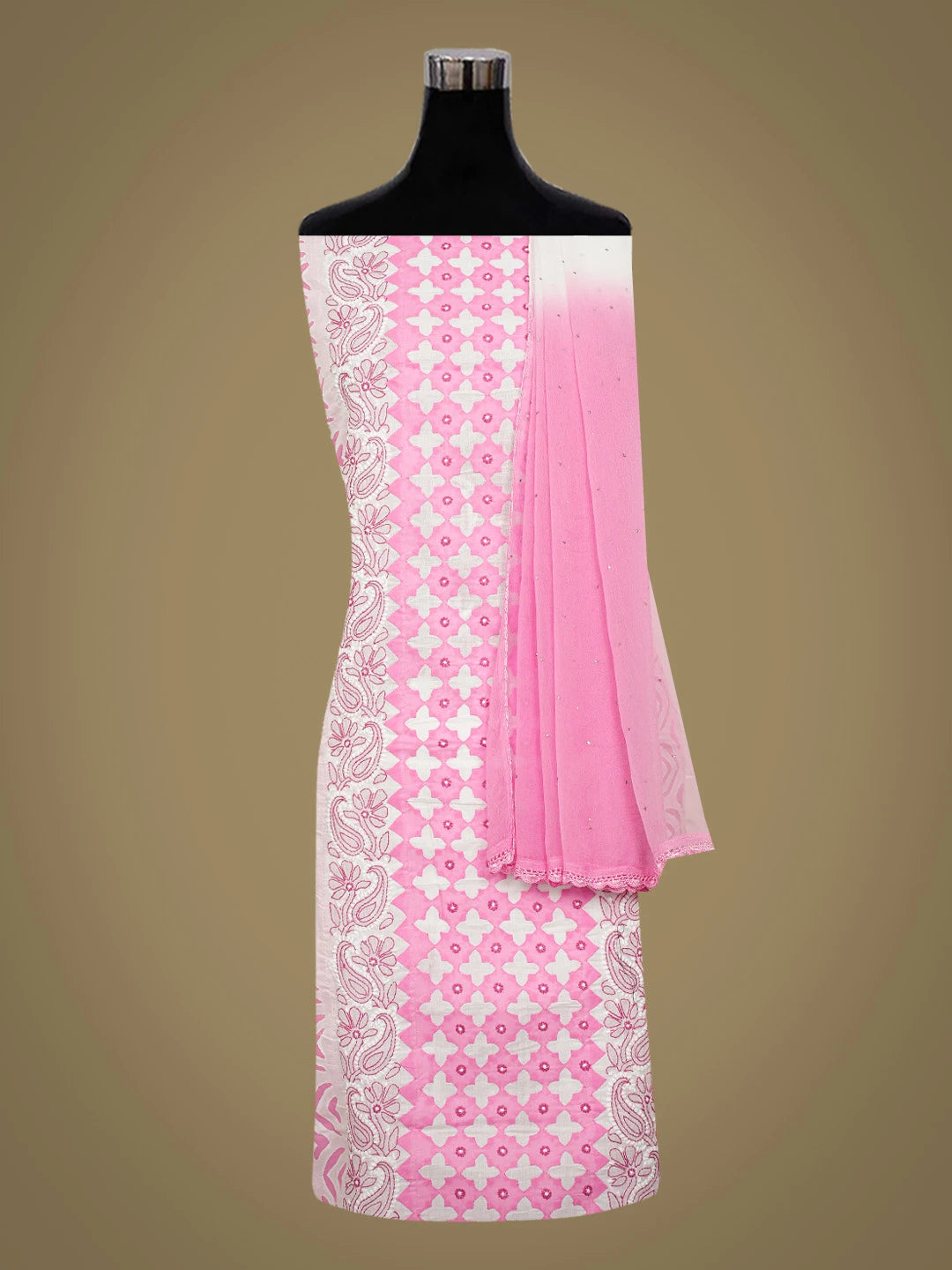 Ada Hand Embroidered White And Pink Cotton Lucknowi Chikankari Unstitched Suit Piece With Mukaish Work 01A679721
