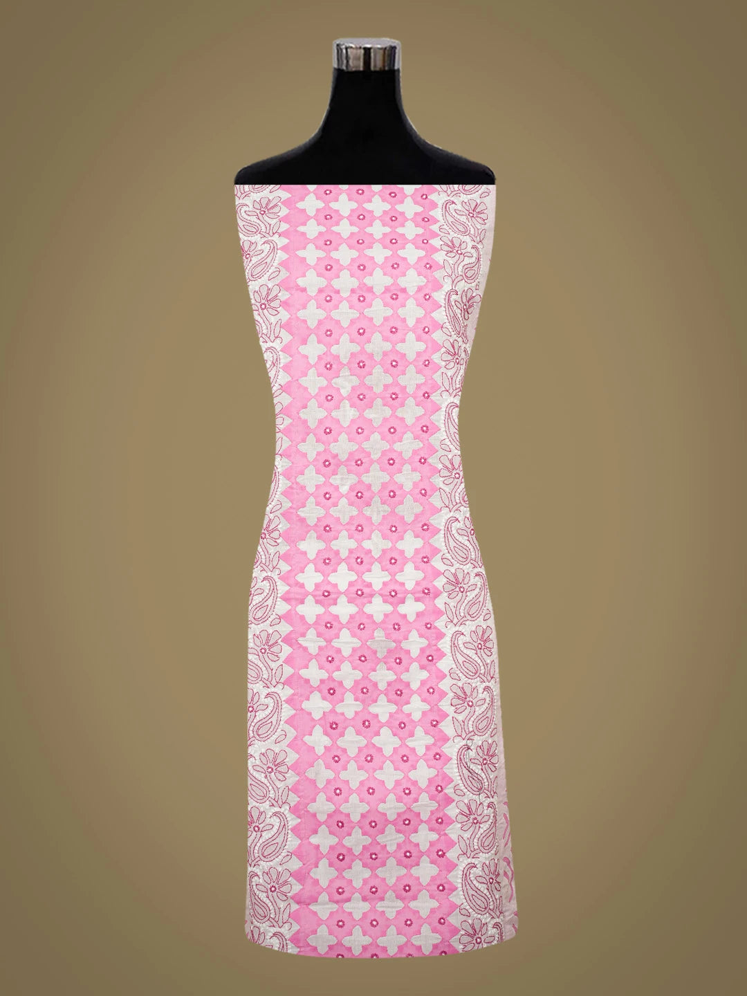 Ada Hand Embroidered White And Pink Cotton Lucknowi Chikankari Unstitched Suit Piece With Mukaish Work 01A679721