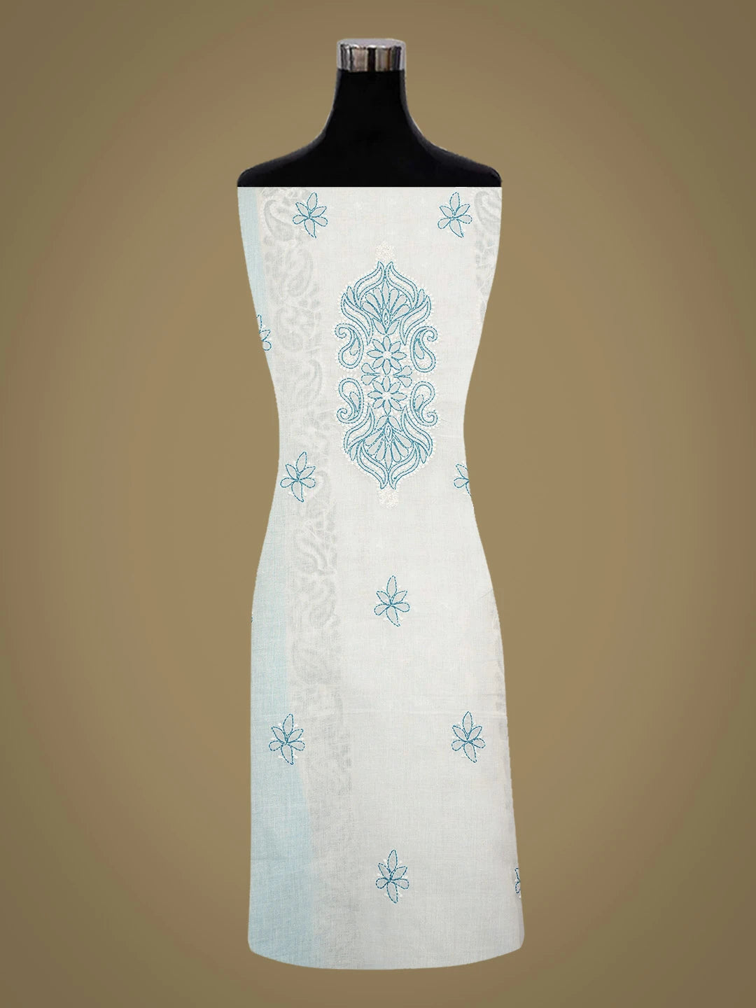 Ada Hand Embroidered White and Blue Cotton Lucknowi Chikankari Unstitched Suit Piece With Mukaish Work 01A679708
