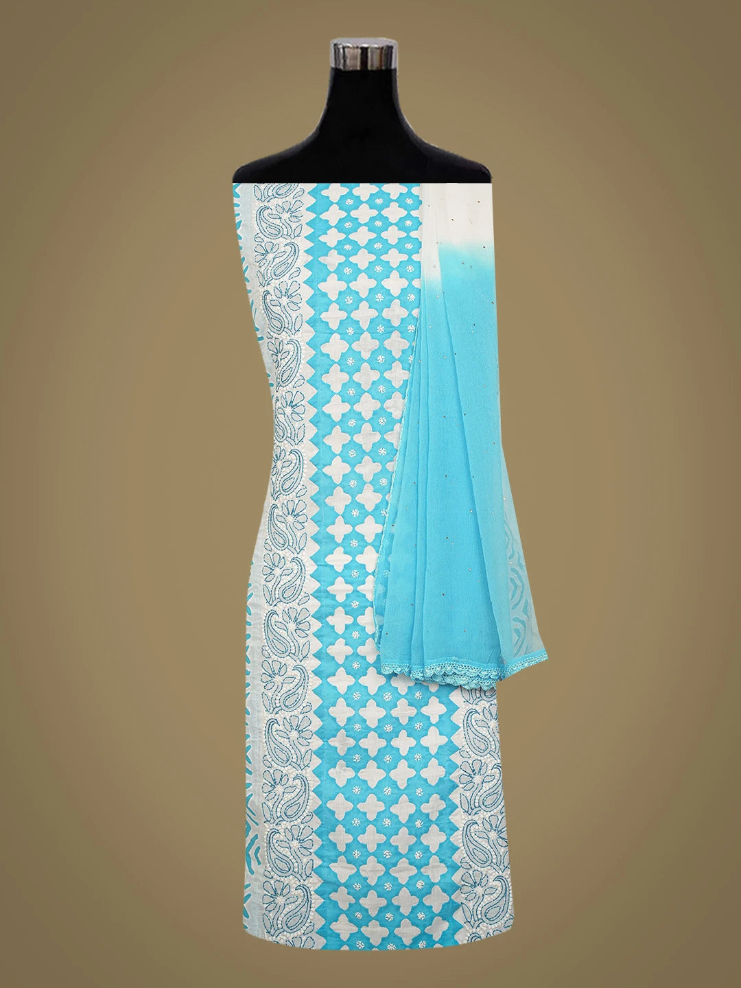 Ada Hand Embroidered White and Blue Cotton Lucknowi Chikankari Unstitched Suit Piece With Mukaish Work 01A679708