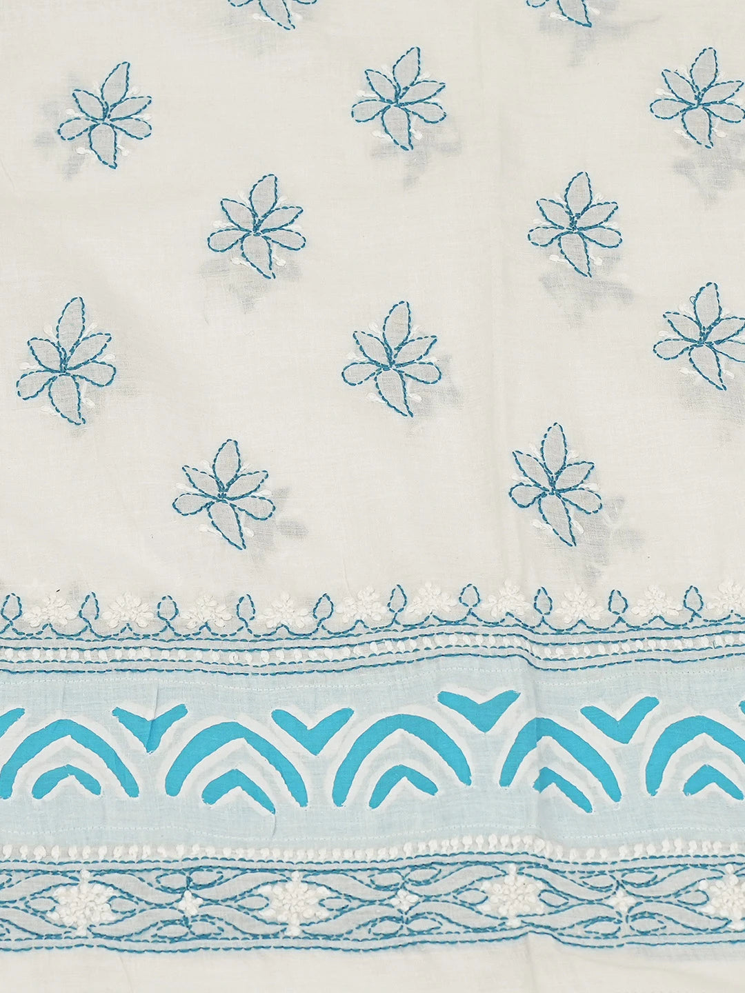 Ada Hand Embroidered White and Blue Cotton Lucknowi Chikankari Unstitched Suit Piece With Mukaish Work 01A679708