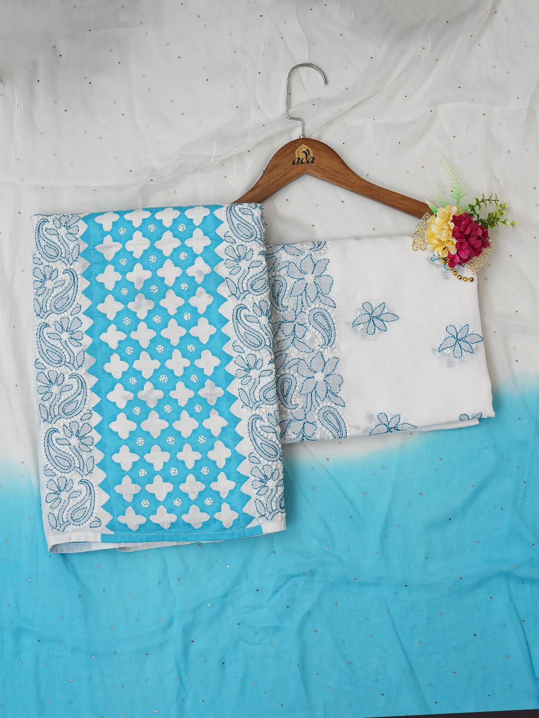 Ada Hand Embroidered White and Blue Cotton Lucknowi Chikankari Unstitched Suit Piece With Mukaish Work 01A679708
