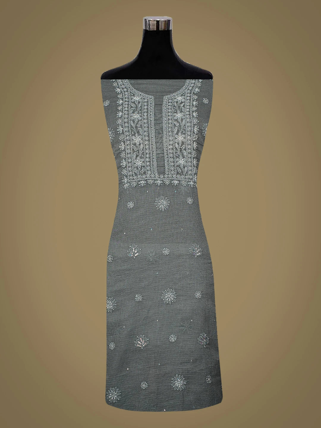 Ada Hand Embroidered Grey Kota Lucknowi Chikankari Kurta Dupatta Set With Pearl Work 01A549040