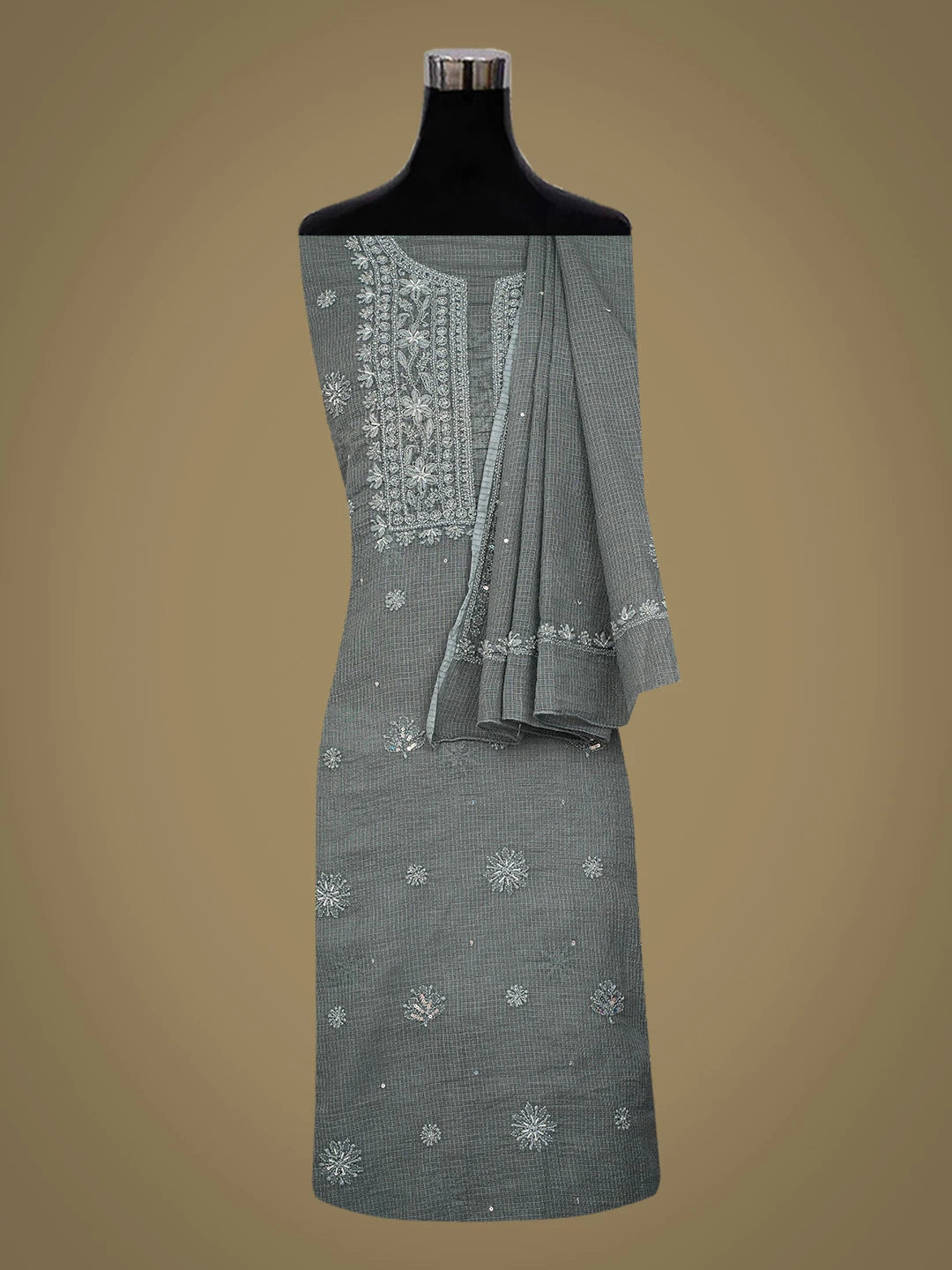 Ada Hand Embroidered Grey Kota Lucknowi Chikankari Kurta Dupatta Set With Pearl Work 01A549040