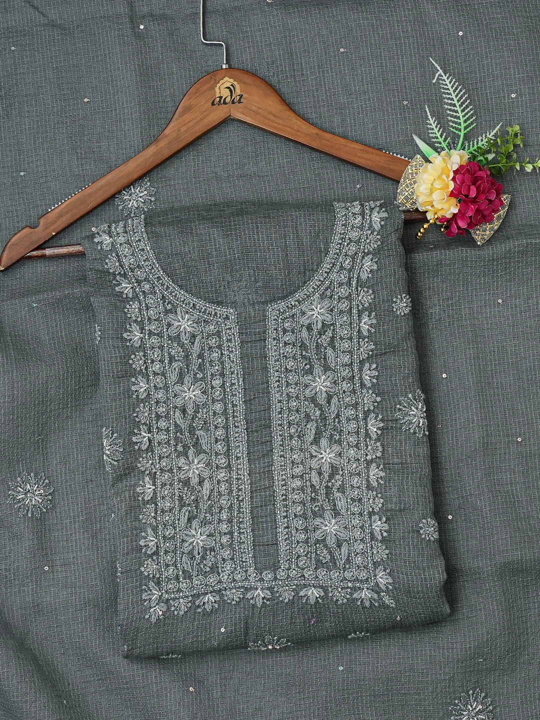 Ada Hand Embroidered Grey Kota Lucknowi Chikankari Kurta Dupatta Set With Pearl Work 01A549040