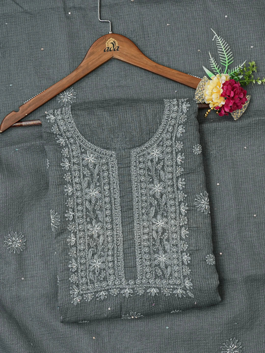 Ada Hand Embroidered Grey Kota Lucknowi Chikankari Kurta Dupatta Set With Pearl Work 01A549040