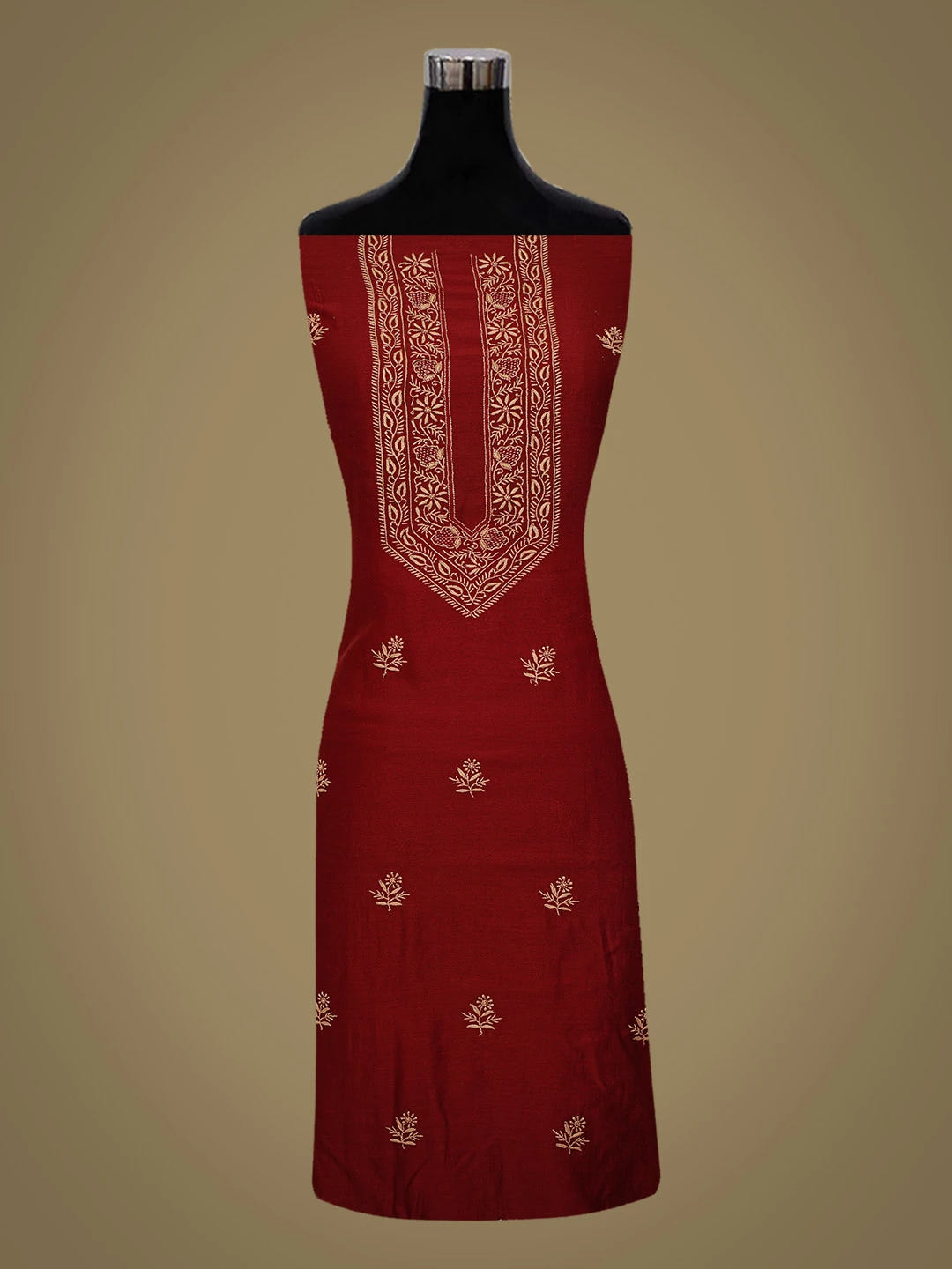 Ada Hand Embroidered Maroon Chanderi Lucknowi Chikankari Kurta Dupatta Set 01A662009