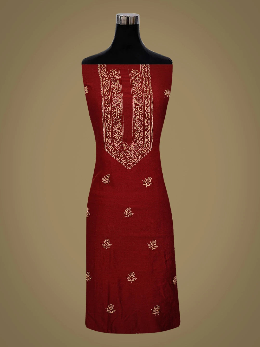 Ada Hand Embroidered Maroon Chanderi Lucknowi Chikankari Kurta Dupatta Set 01A662009