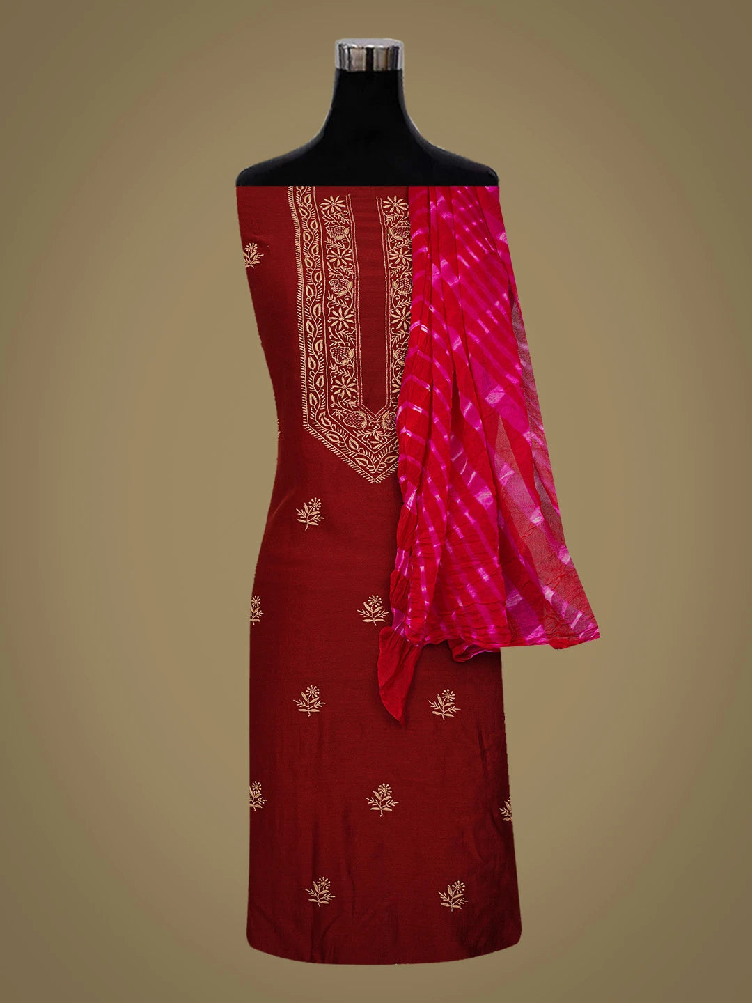 Ada Hand Embroidered Maroon Chanderi Lucknowi Chikankari Kurta Dupatta Set 01A662009