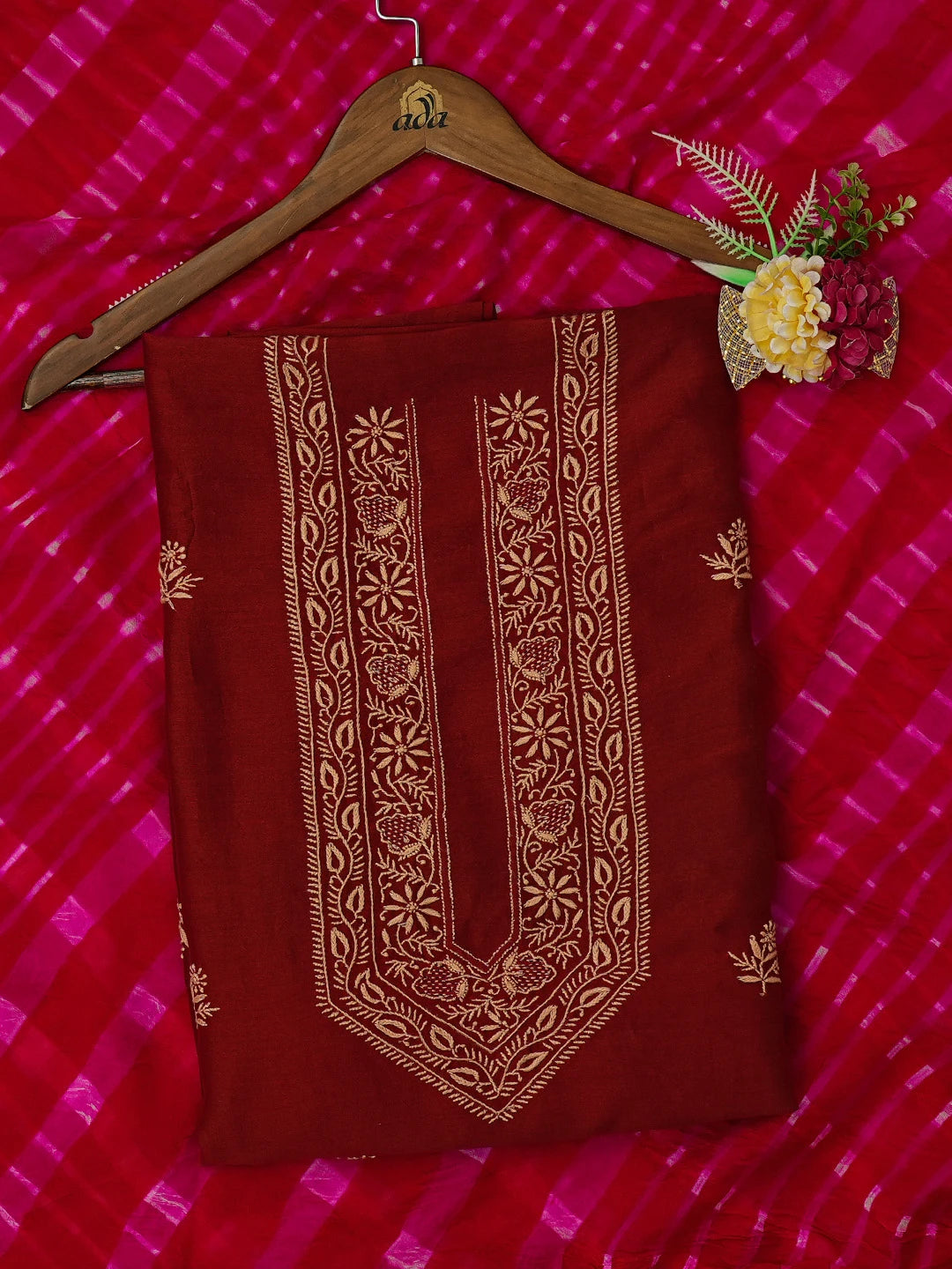 Ada Hand Embroidered Maroon Chanderi Lucknowi Chikankari Kurta Dupatta Set 01A662009