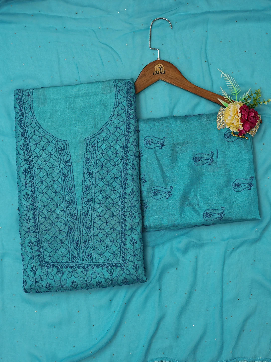 Ada Hand Embroidered Blue Tussar Silk Lucknowi Chikankari Unstitched Suit Piece 01A548479