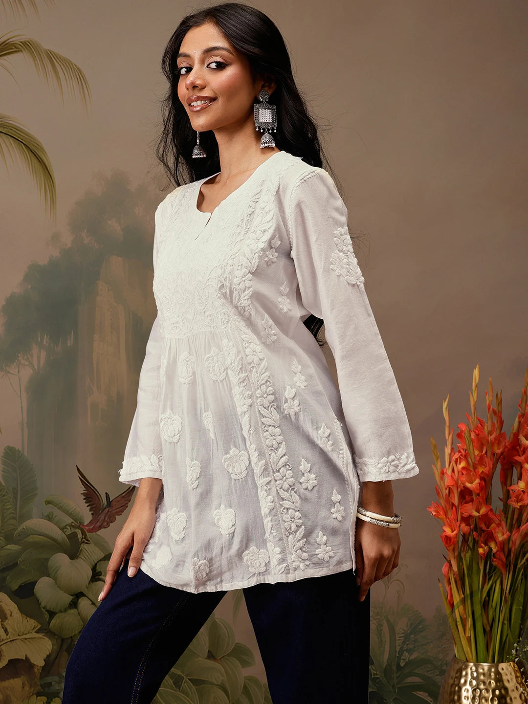Ada Hand Embroidered White Chanderi Lucknowi Chikankari Short Kurti A911467