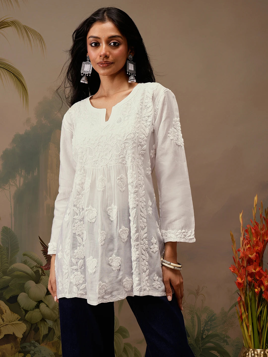 Ada Hand Embroidered White Chanderi Lucknowi Chikankari Short Kurti A911467