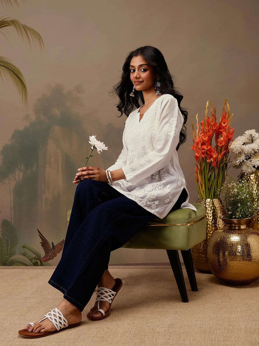 Ada Hand Embroidered White Chanderi Lucknowi Chikankari Short Kurti A911467
