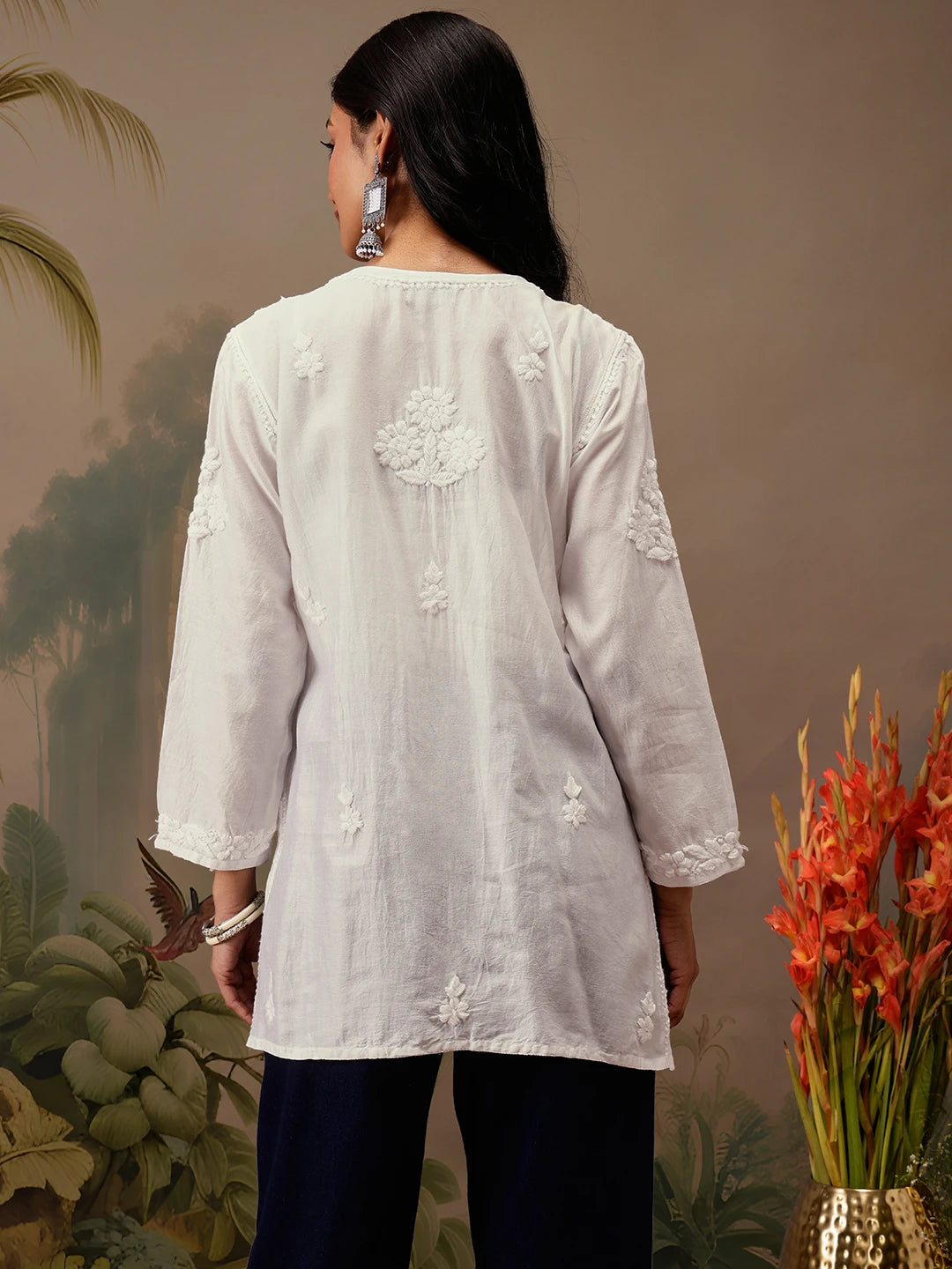 Ada Hand Embroidered White Chanderi Lucknowi Chikankari Short Kurti A911467