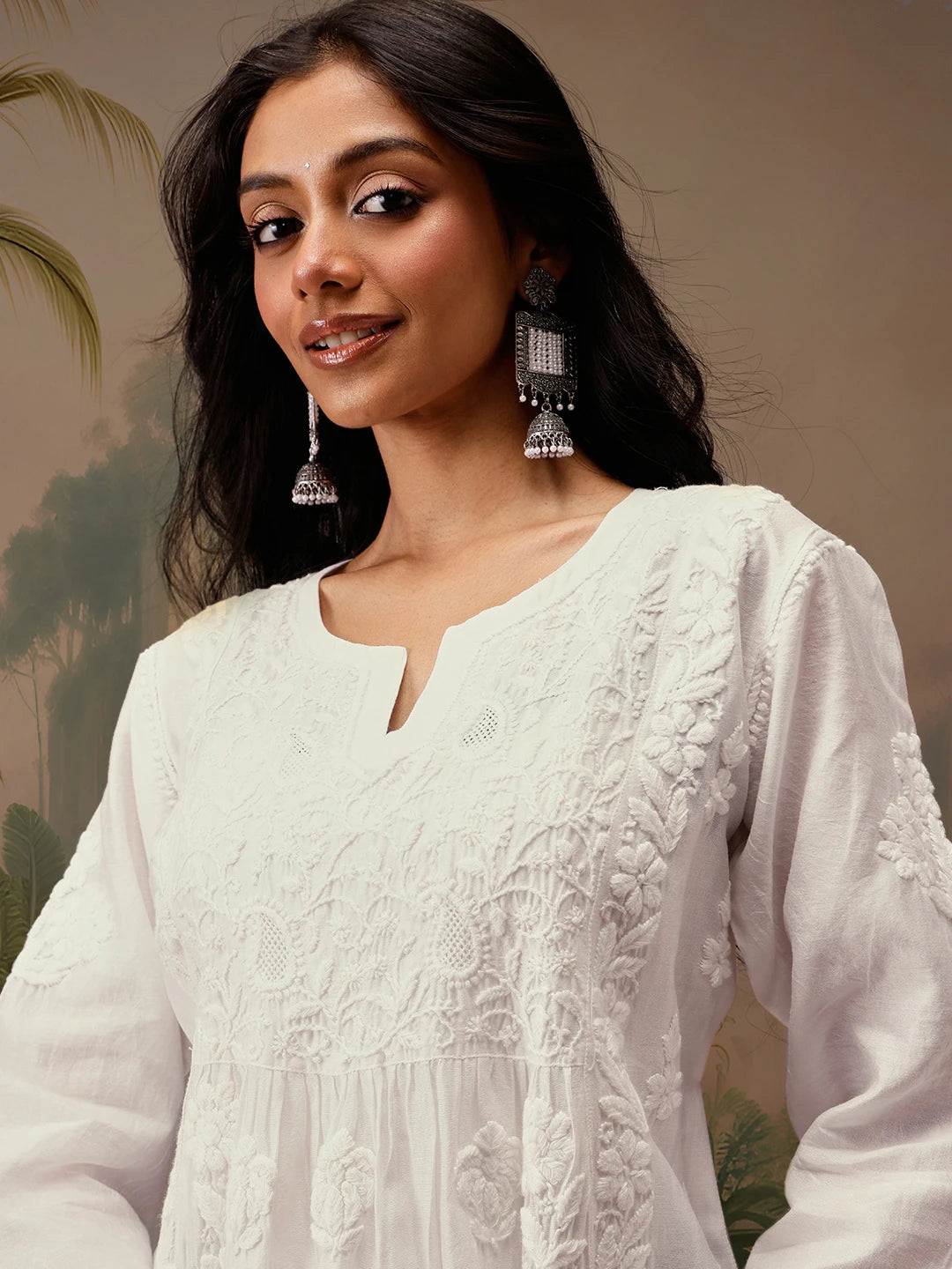 Ada Hand Embroidered White Chanderi Lucknowi Chikankari Short Kurti A911467
