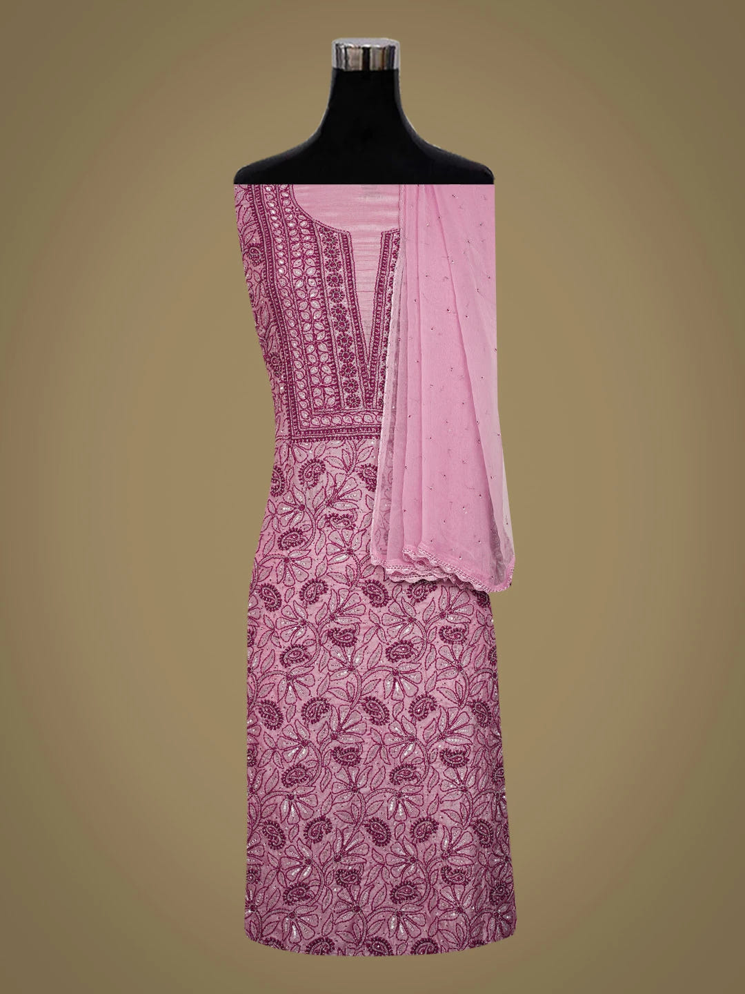 Ada Hand Embroidered Onion Pink Silk Lucknowi Chikankari Unstitched Suit Piece With Cutdana Work 01A626880