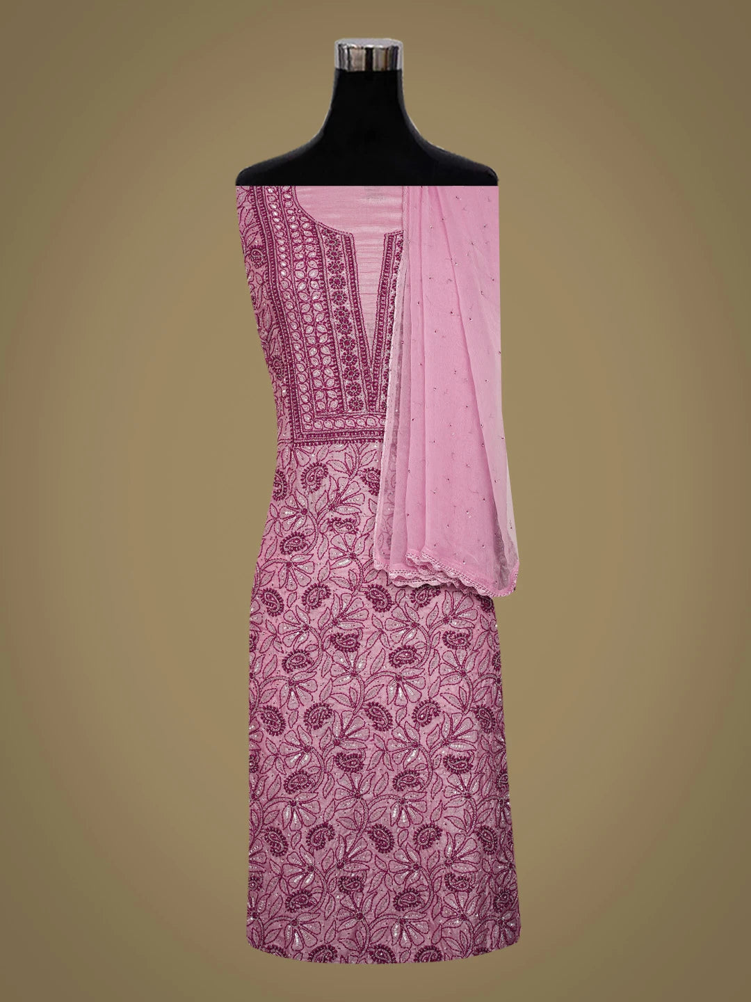 Ada Hand Embroidered Onion Pink Silk Lucknowi Chikankari Unstitched Suit Piece With Cutdana Work 01A626880
