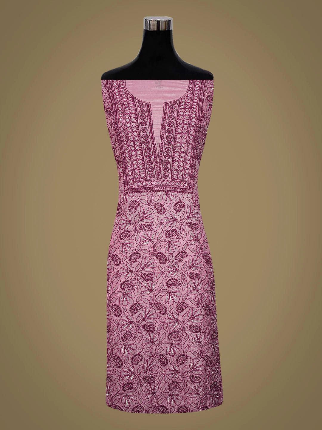 Ada Hand Embroidered Onion Pink Silk Lucknowi Chikankari Unstitched Suit Piece With Cutdana Work 01A626880