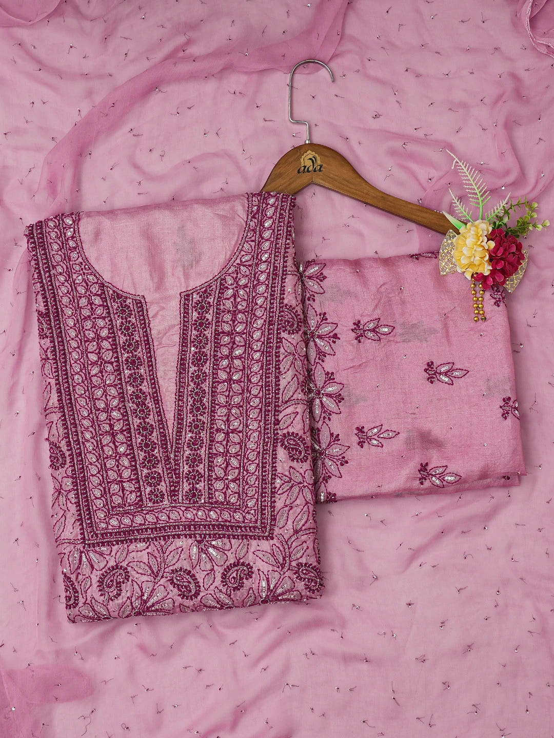 Ada Hand Embroidered Onion Pink Silk Lucknowi Chikankari Unstitched Suit Piece With Cutdana Work 01A626880