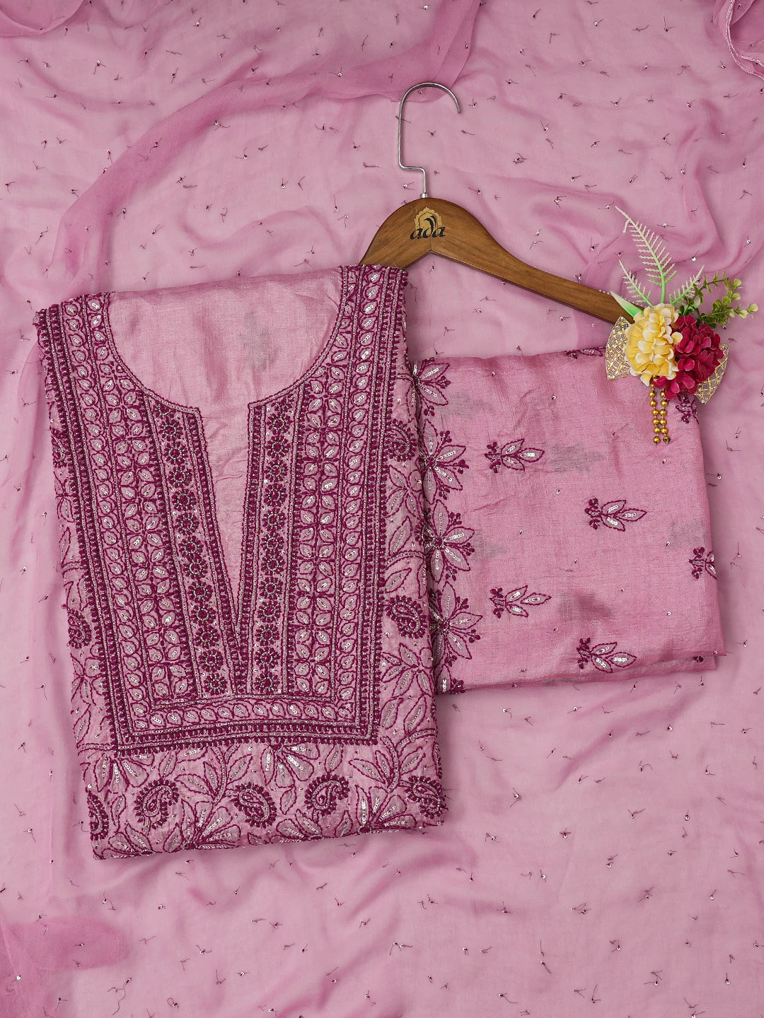 Ada Hand Embroidered Onion Pink Silk Lucknowi Chikankari Unstitched Suit Piece With Cutdana Work 01A626880