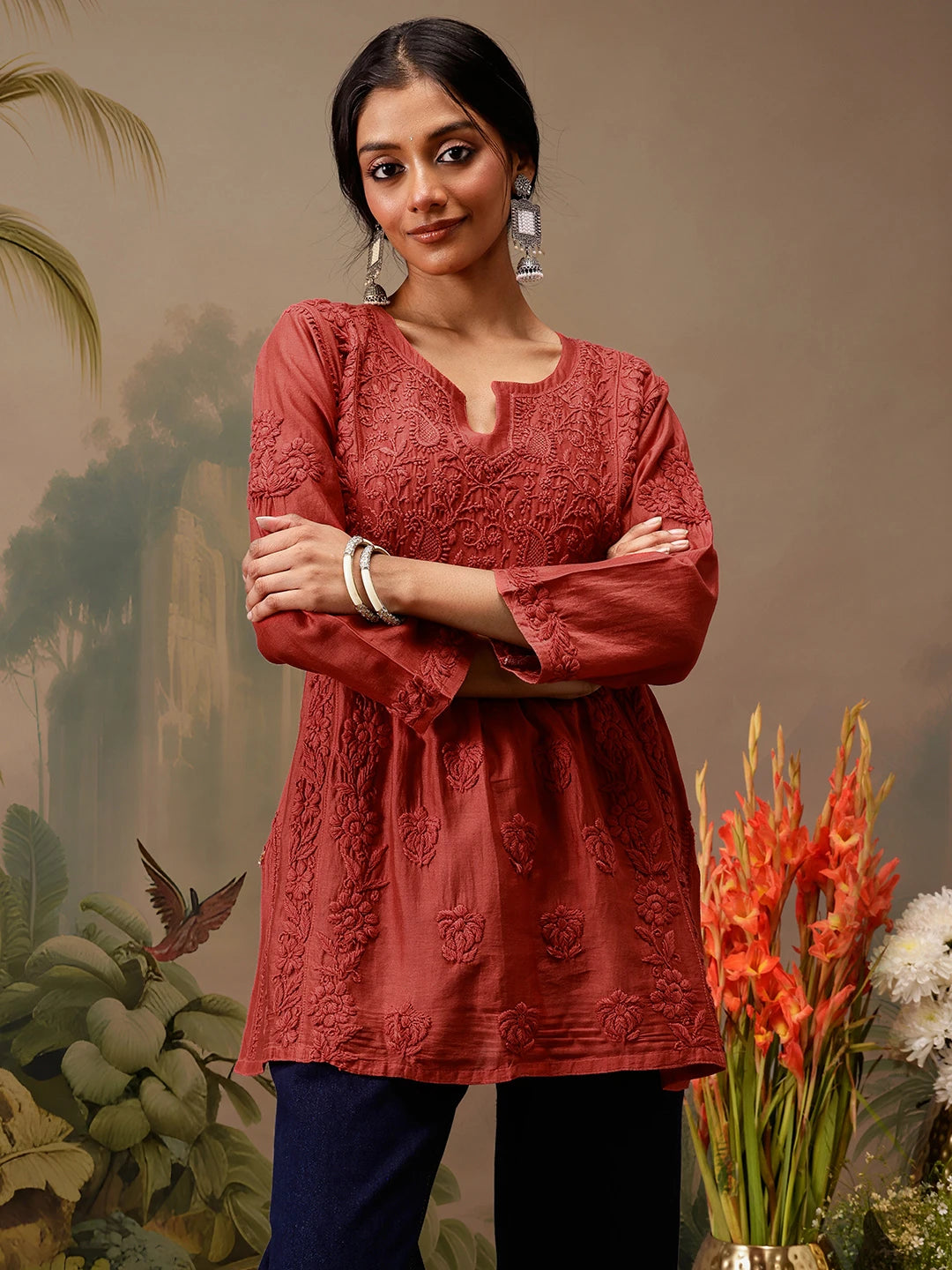 Ada Hand Embroidered Rust Red Chanderi Lucknowi Chikankari Short Kurti A911468