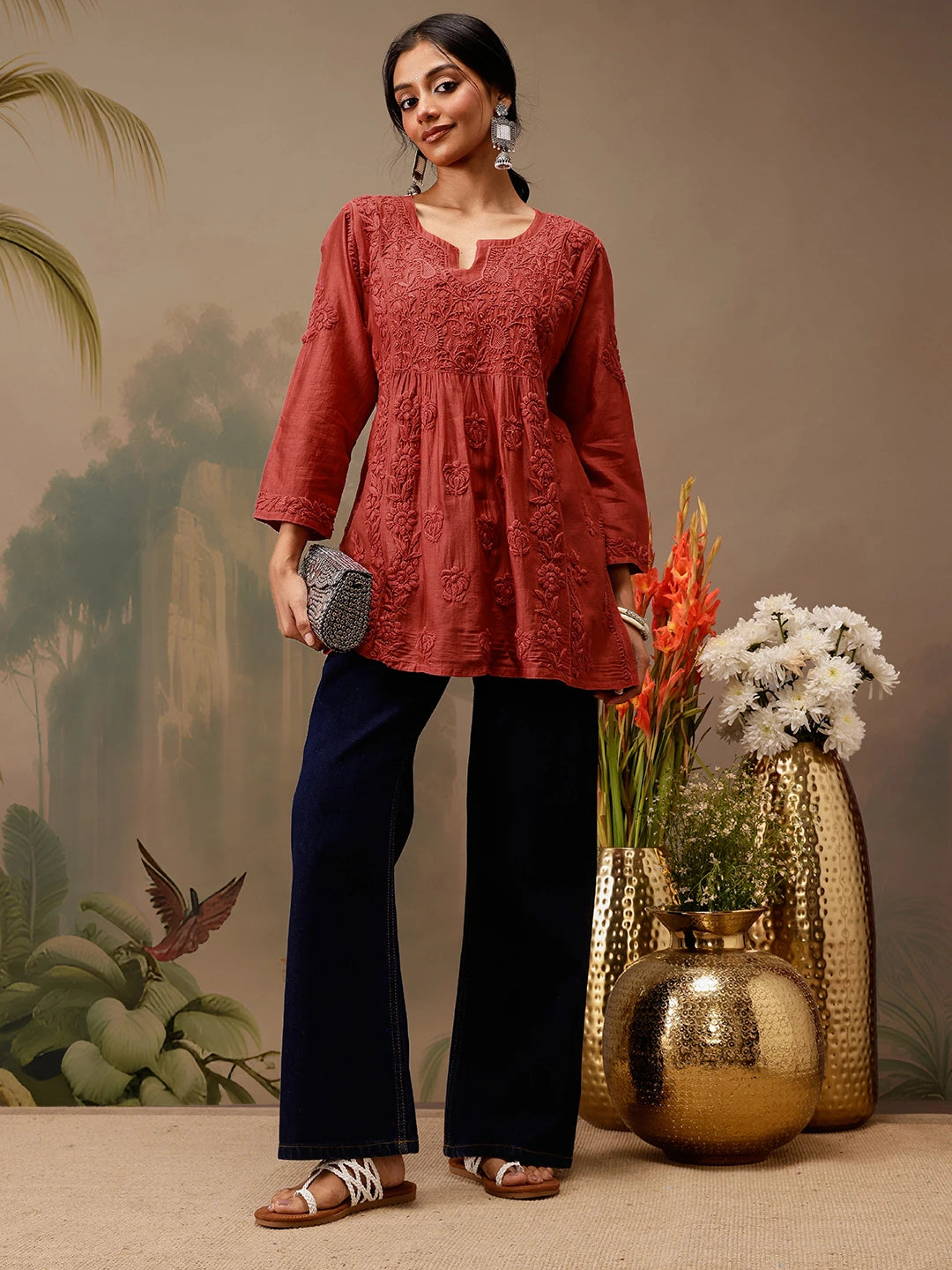 Ada Hand Embroidered Rust Red Chanderi Lucknowi Chikankari Short Kurti A911468