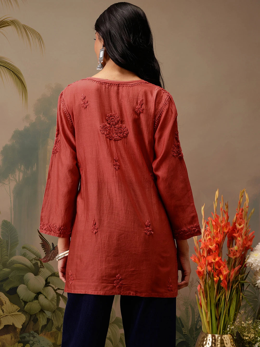 Ada Hand Embroidered Rust Red Chanderi Lucknowi Chikankari Short Kurti A911468