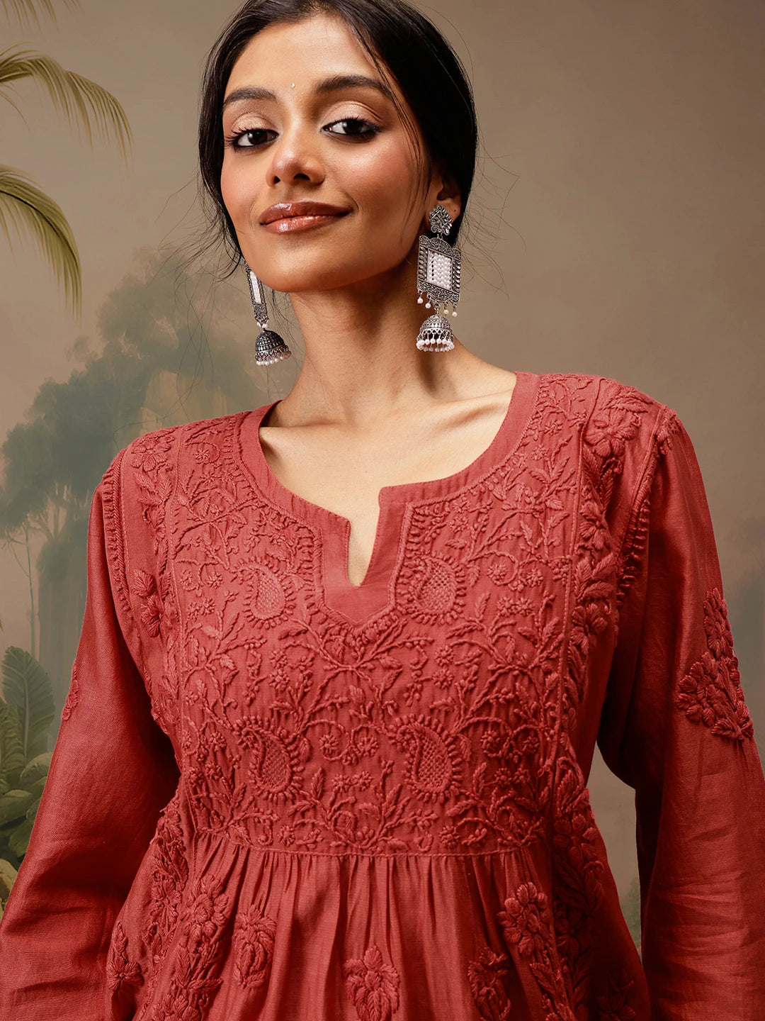 Ada Hand Embroidered Rust Red Chanderi Lucknowi Chikankari Short Kurti A911468