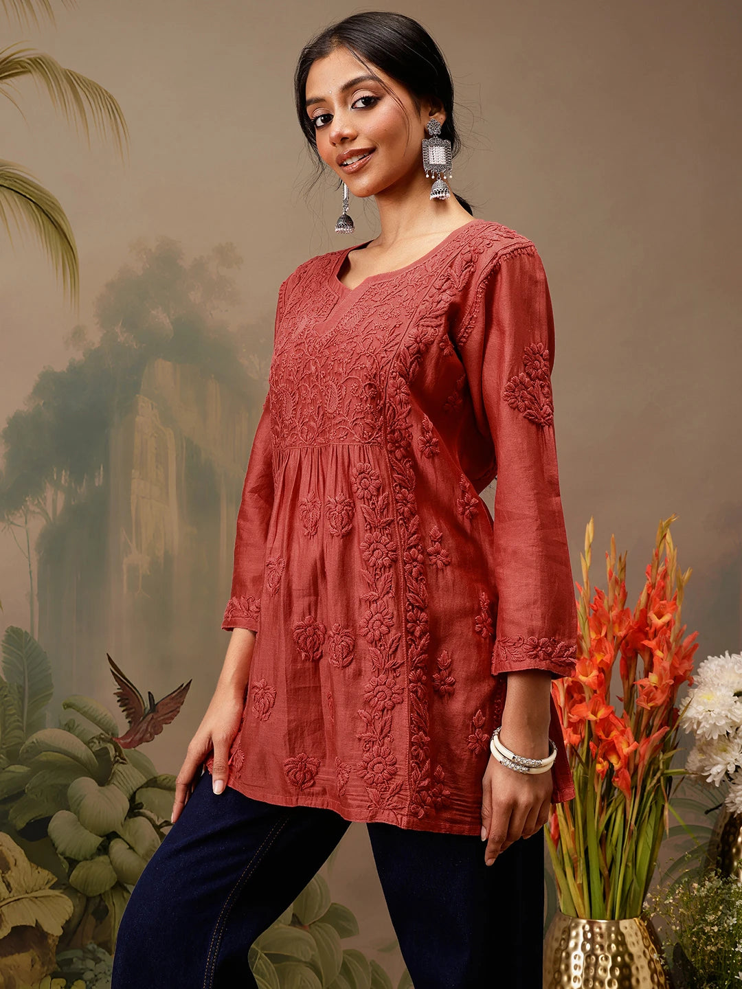 Ada Hand Embroidered Rust Red Chanderi Lucknowi Chikankari Short Kurti A911468